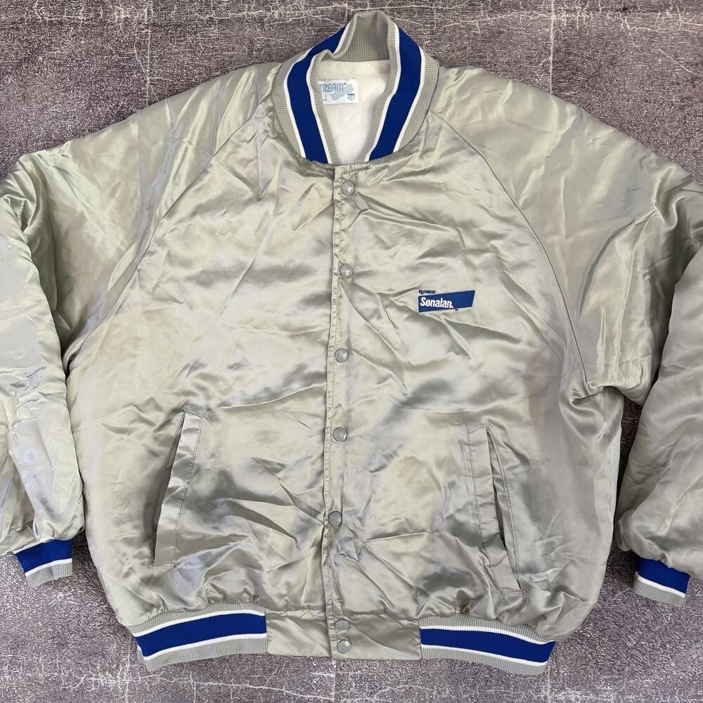Men's Vintage 90's Upstream Elanco Sonalan Silver Blue Satin Bomber Jacket Sz L